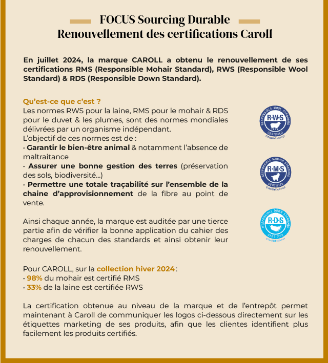 Focus sourcing durable - Renouvellement des certifications Caroll